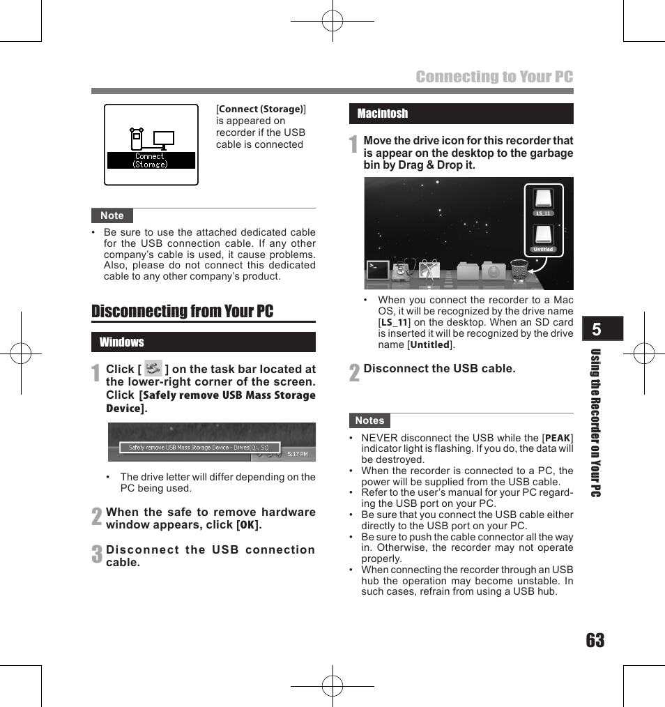 Disconnecting from your pc, Connecting to your pc | Olympus LS-11 User Manual | Page 63 / 86