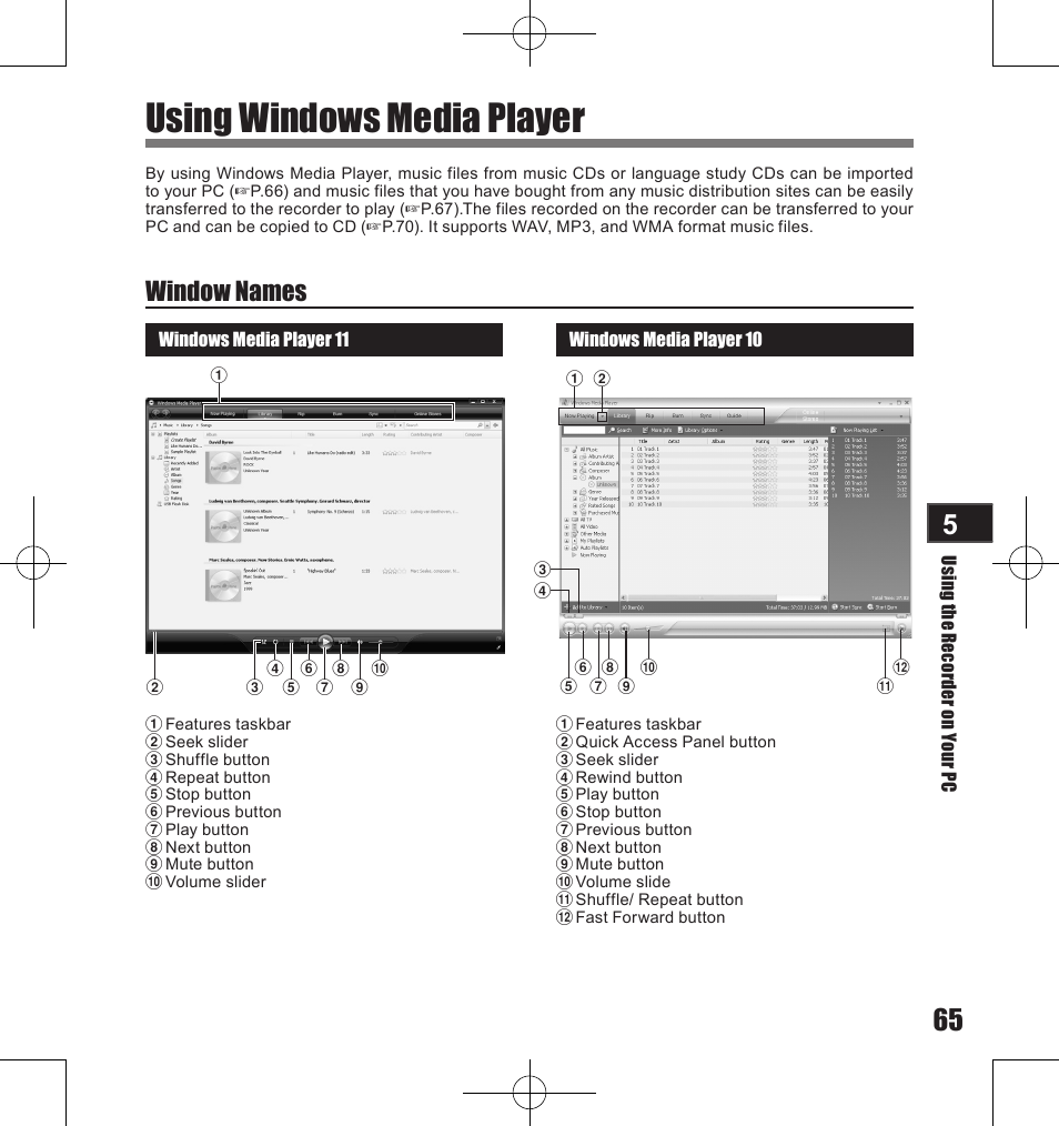 Using windows media player, Window names | Olympus LS-11 User Manual | Page 65 / 86