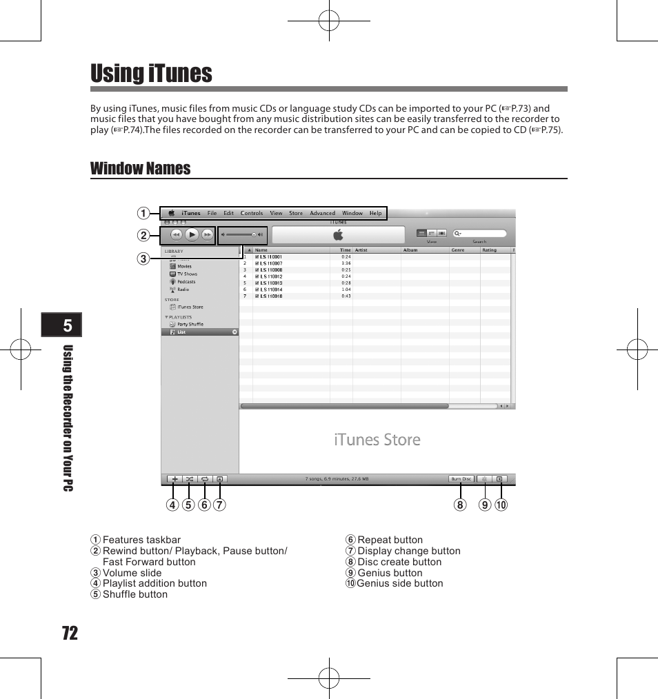 Using itunes, Window names | Olympus LS-11 User Manual | Page 72 / 86