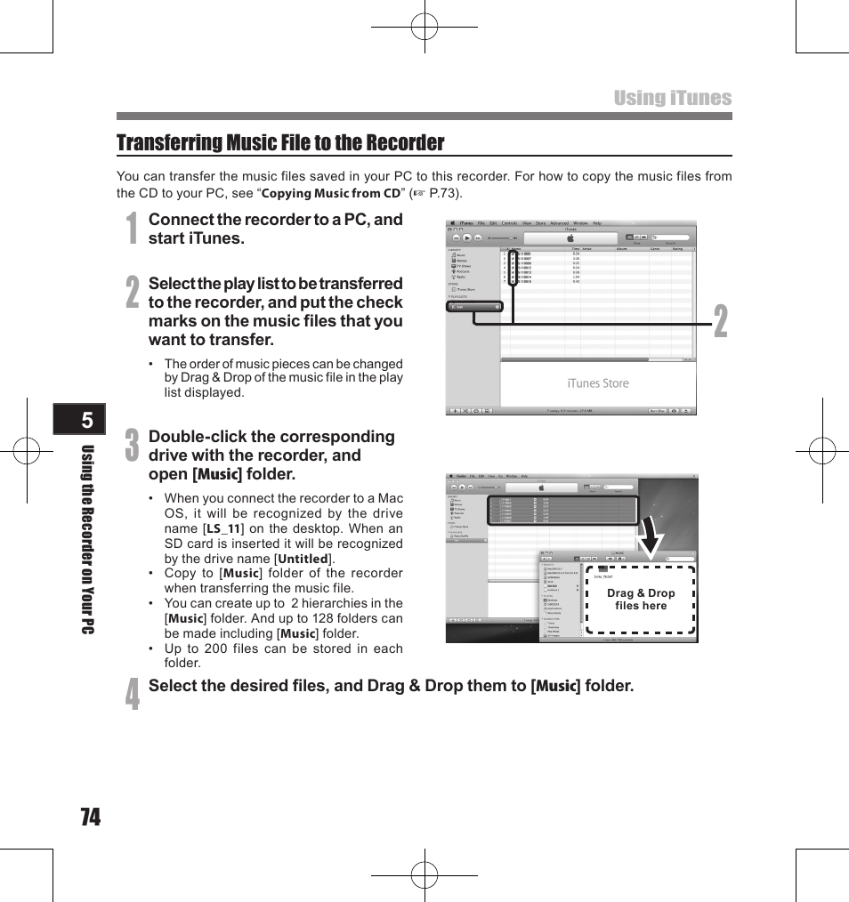 Transferring music file to the recorder | Olympus LS-11 User Manual | Page 74 / 86