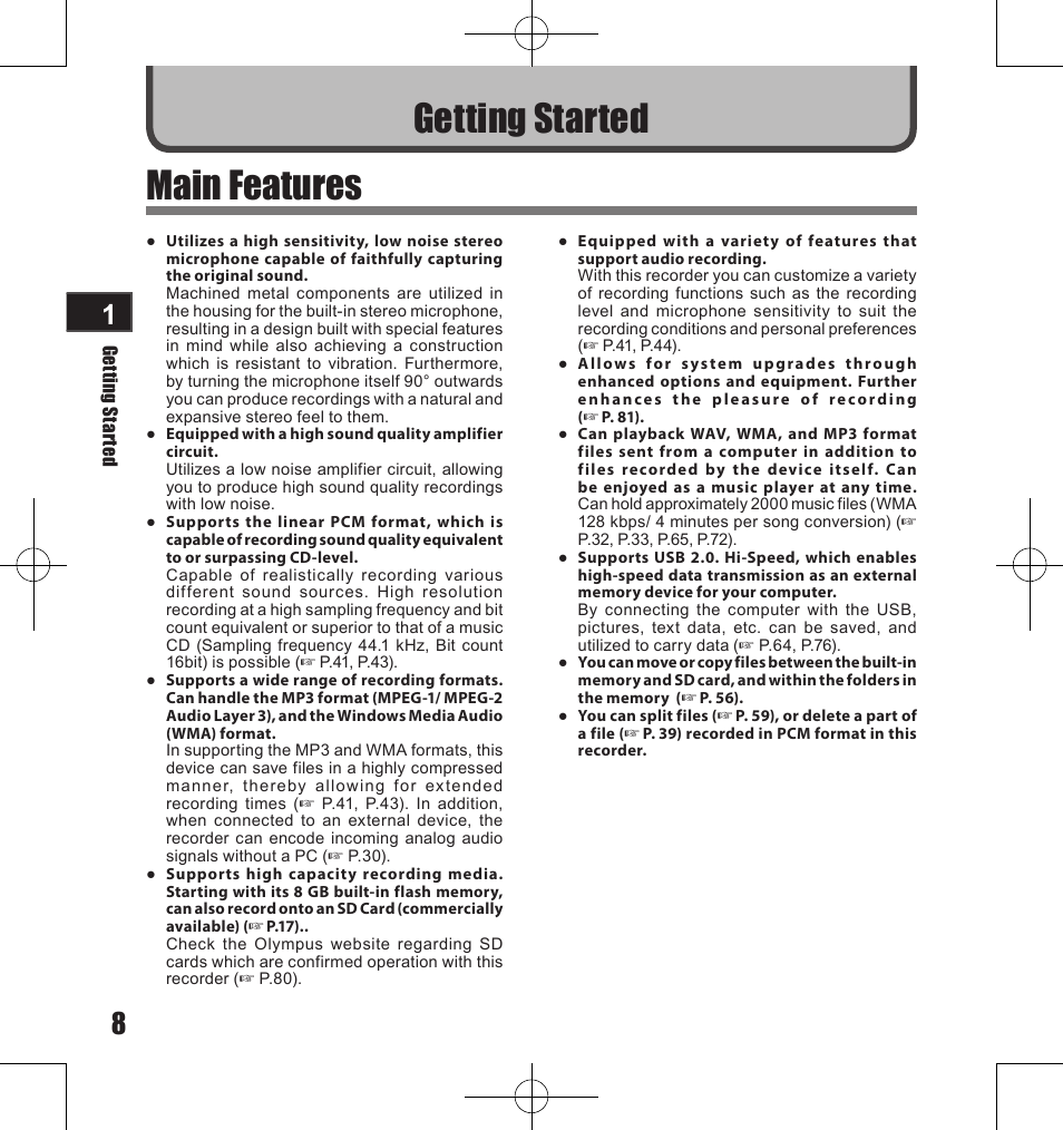 Main features, Getting started | Olympus LS-11 User Manual | Page 8 / 86