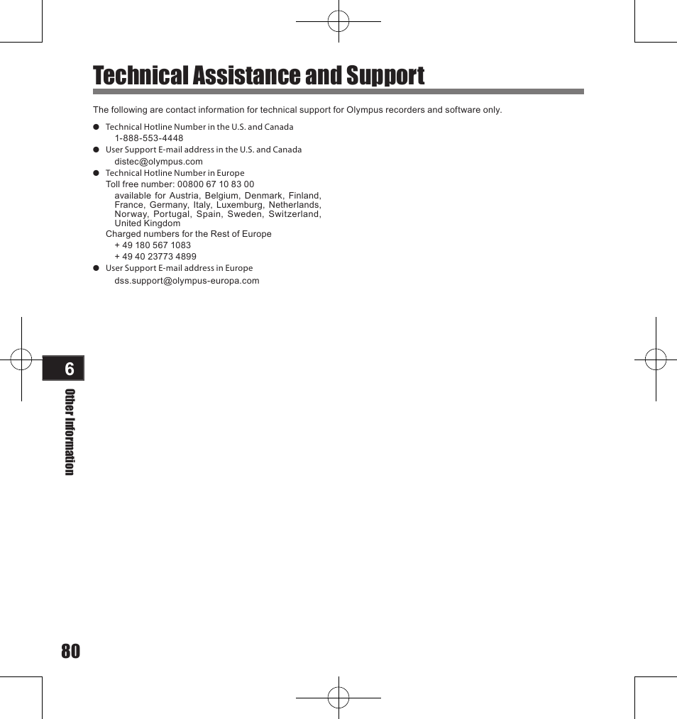 Technical assistance and support | Olympus LS-11 User Manual | Page 80 / 86