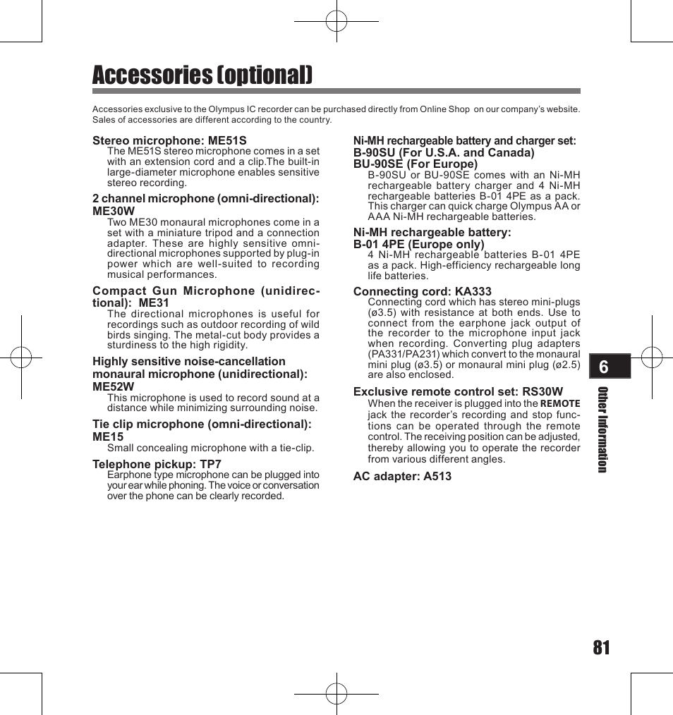Accessories (optional) | Olympus LS-11 User Manual | Page 81 / 86