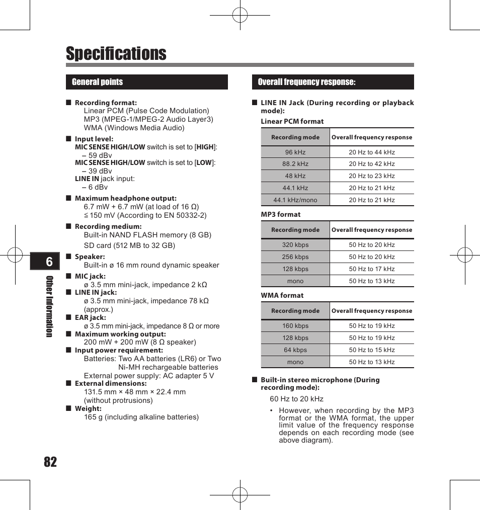 Specifications | Olympus LS-11 User Manual | Page 82 / 86