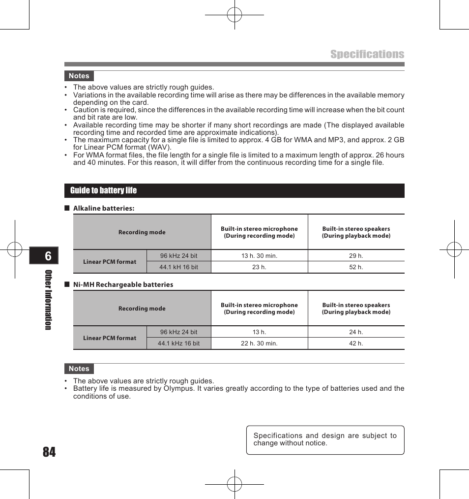 Specifications | Olympus LS-11 User Manual | Page 84 / 86