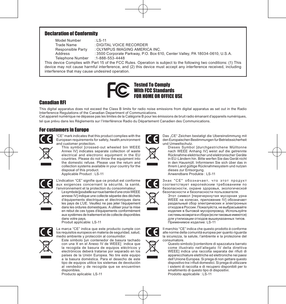 Declaration of conformity, Canadian rfi, For customers in europe | Olympus LS-11 User Manual | Page 85 / 86