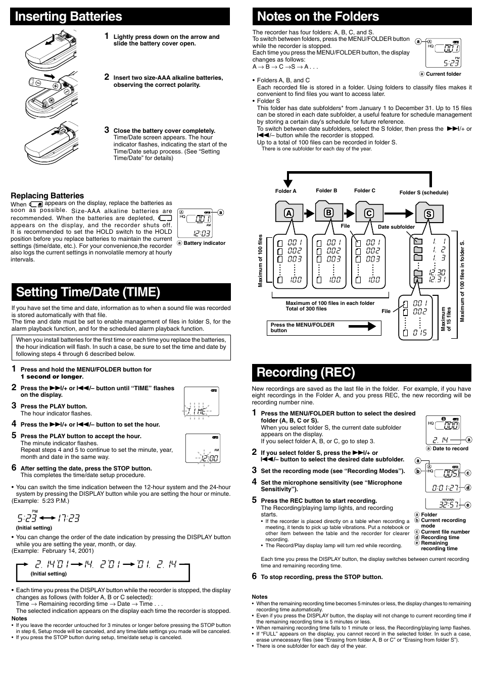 Setting time/date (time), Inserting batteries, Recording (rec) | Replacing batteries | Olympus VN-900 User Manual | Page 2 / 6