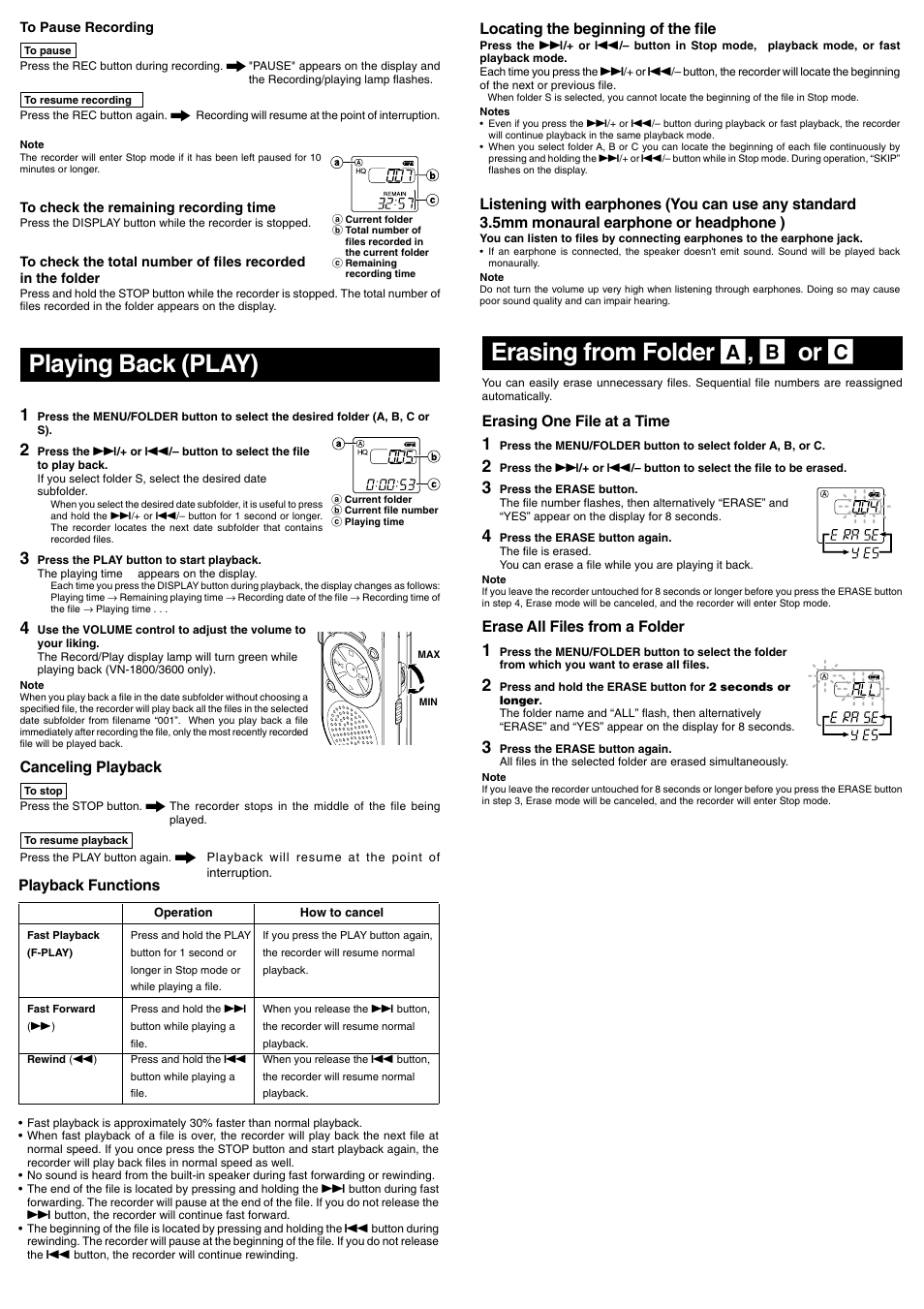 Playing back (play), Erasing from folder a , b or c, Canceling playback | Locating the beginning of the file, Erasing one file at a time, Erase all files from a folder, Playback functions | Olympus VN-900 User Manual | Page 3 / 6