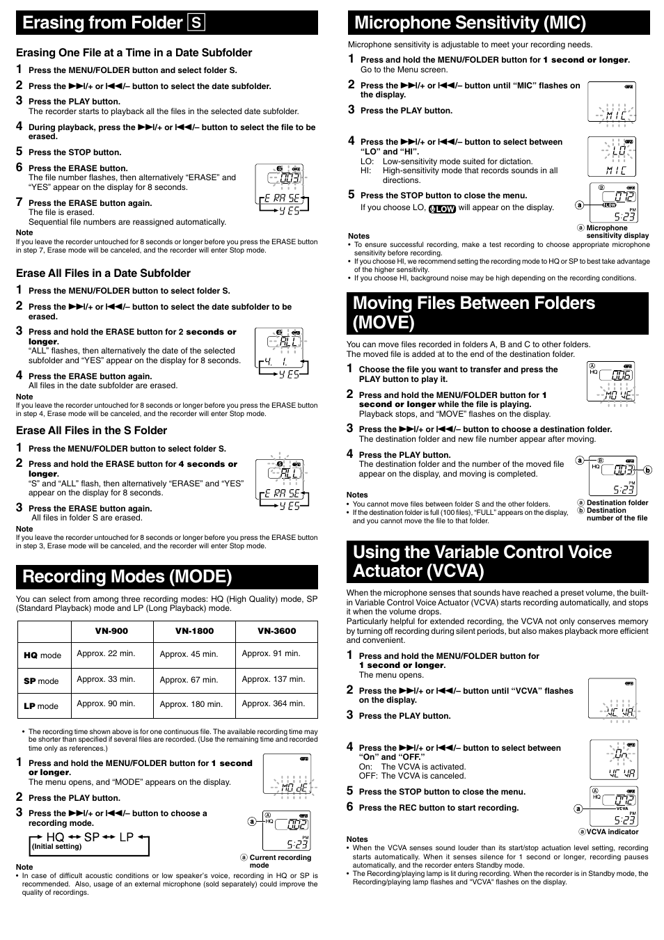 Moving files between folders (move), Microphone sensitivity (mic), Recording modes (mode) | Erasing from folder s, Using the variable control voice actuator (vcva) | Olympus VN-900 User Manual | Page 4 / 6