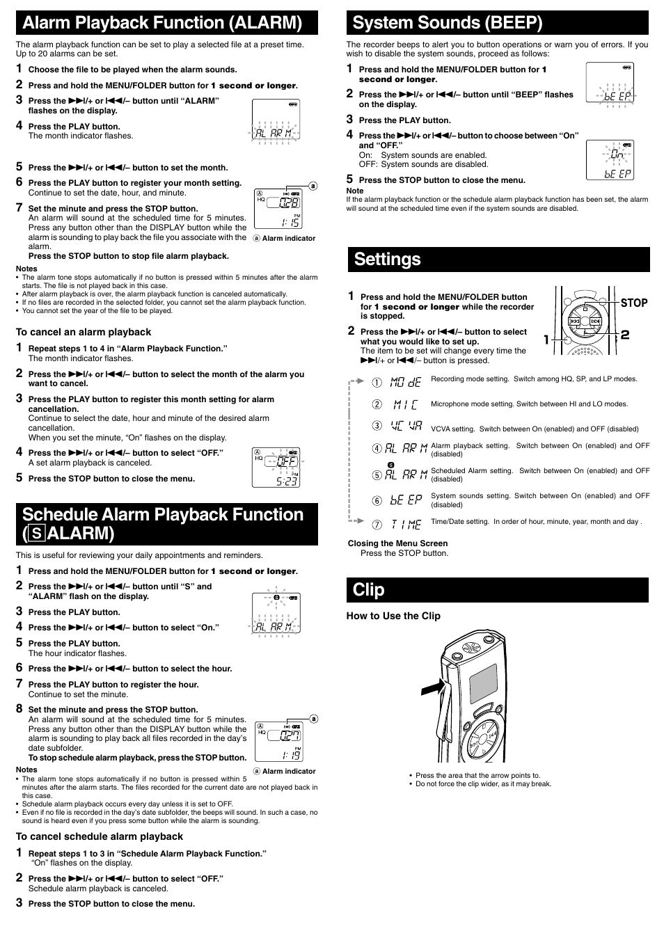 Clip, System sounds (beep), Alarm playback function (alarm) | Schedule alarm playback function ( s alarm), Settings | Olympus VN-900 User Manual | Page 5 / 6