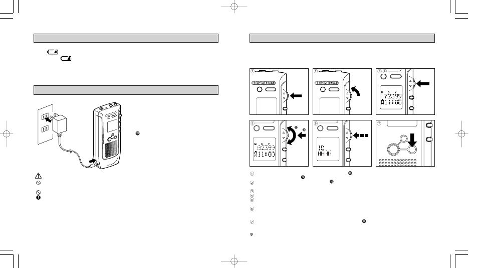 Replacing the batteries, Using the ac adapter, Setting the clock and id number | Olympus DS 150 User Manual | Page 7 / 18