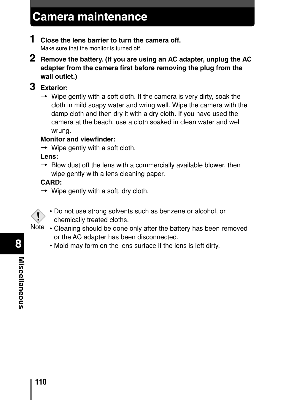 Camera maintenance | Olympus Comedia C-150 User Manual | Page 111 / 148