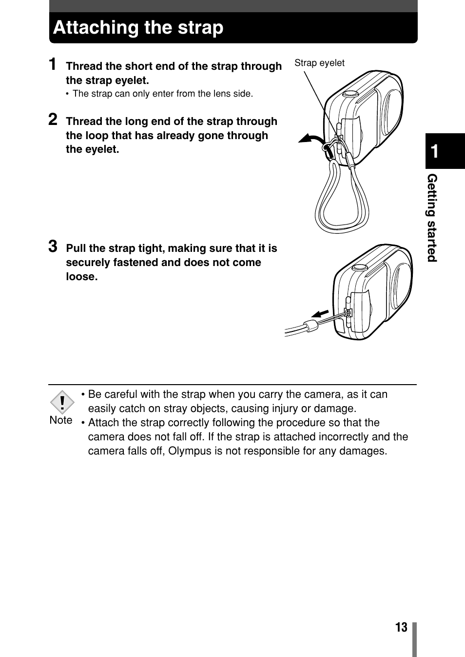 Attaching the strap | Olympus Comedia C-150 User Manual | Page 14 / 148