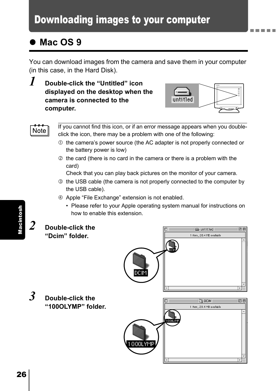 Downloading images to your computer, Mac os 9, Mac p.26) | Olympus Comedia C-150 User Manual | Page 142 / 148