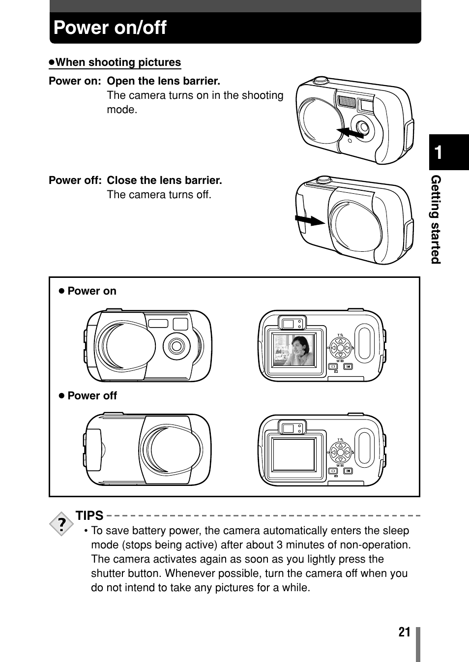 Power on/off | Olympus Comedia C-150 User Manual | Page 22 / 148