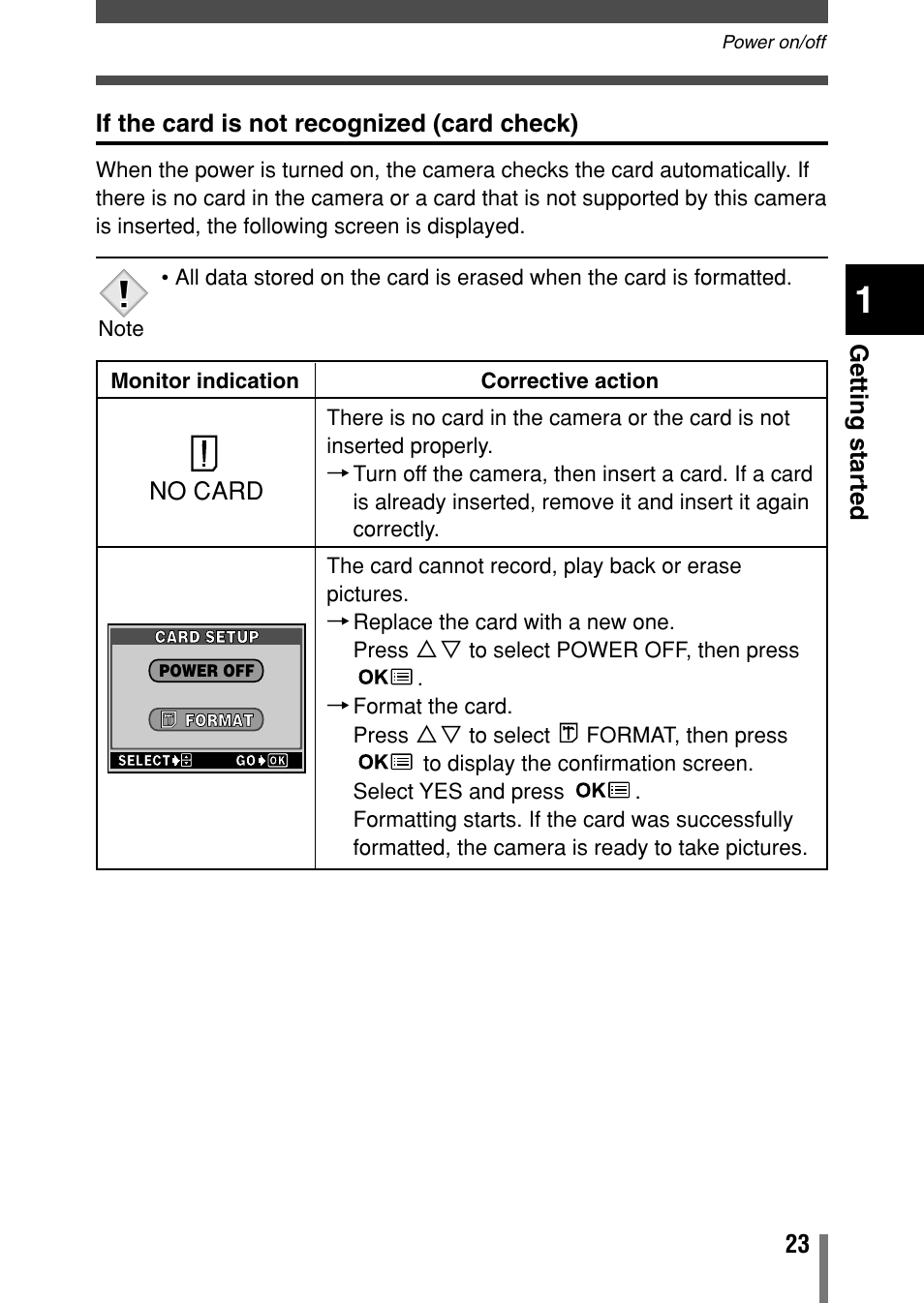 If the card is not recognized (card check), Getting star ted, No card | Olympus Comedia C-150 User Manual | Page 24 / 148
