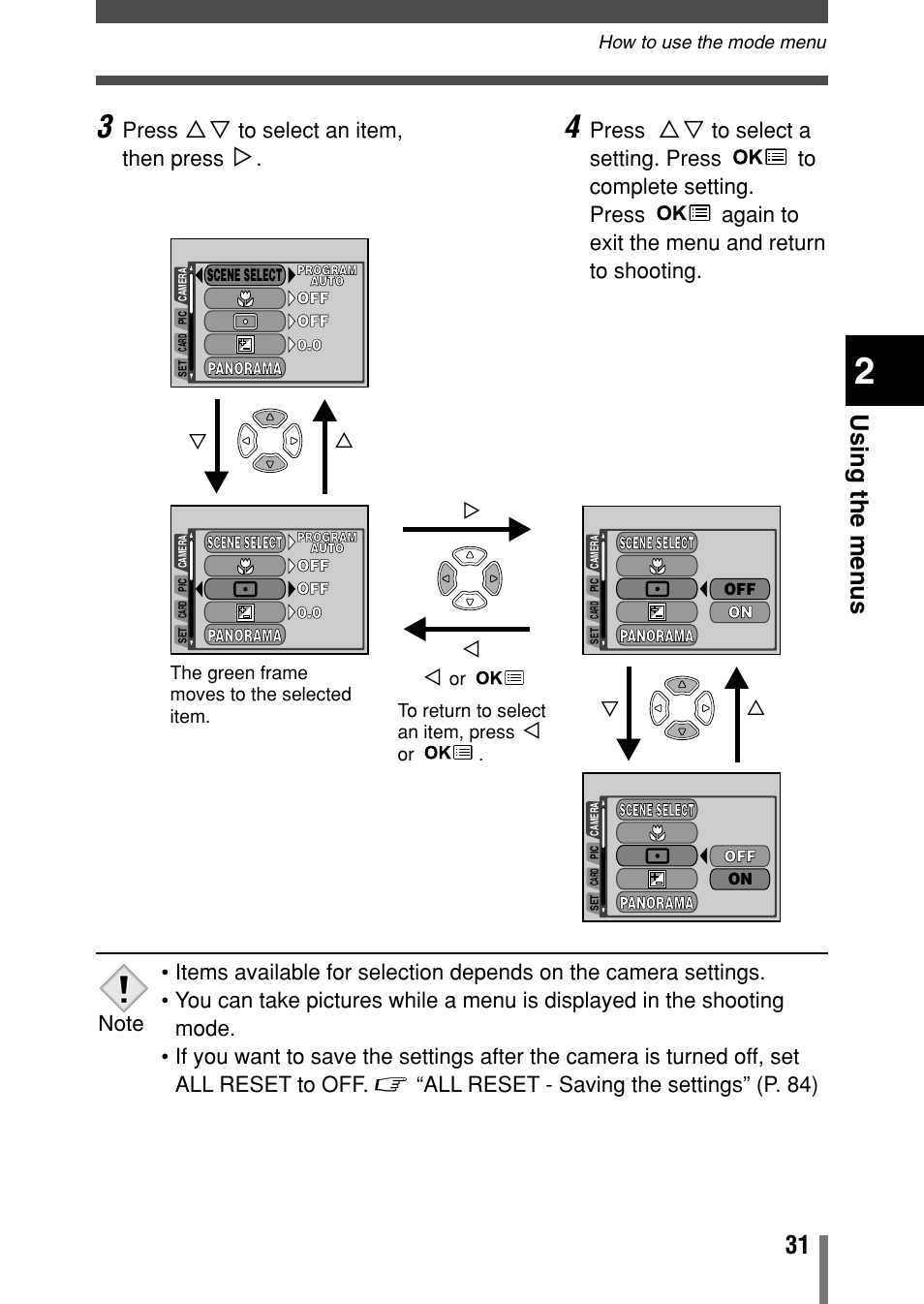 Using the men us | Olympus Comedia C-150 User Manual | Page 32 / 148
