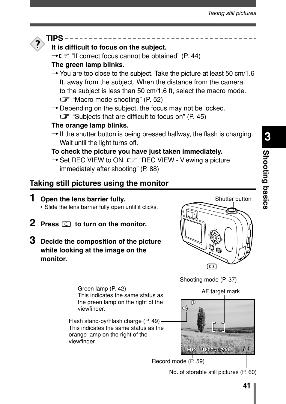 Taking still pictures using the monitor | Olympus Comedia C-150 User Manual | Page 42 / 148