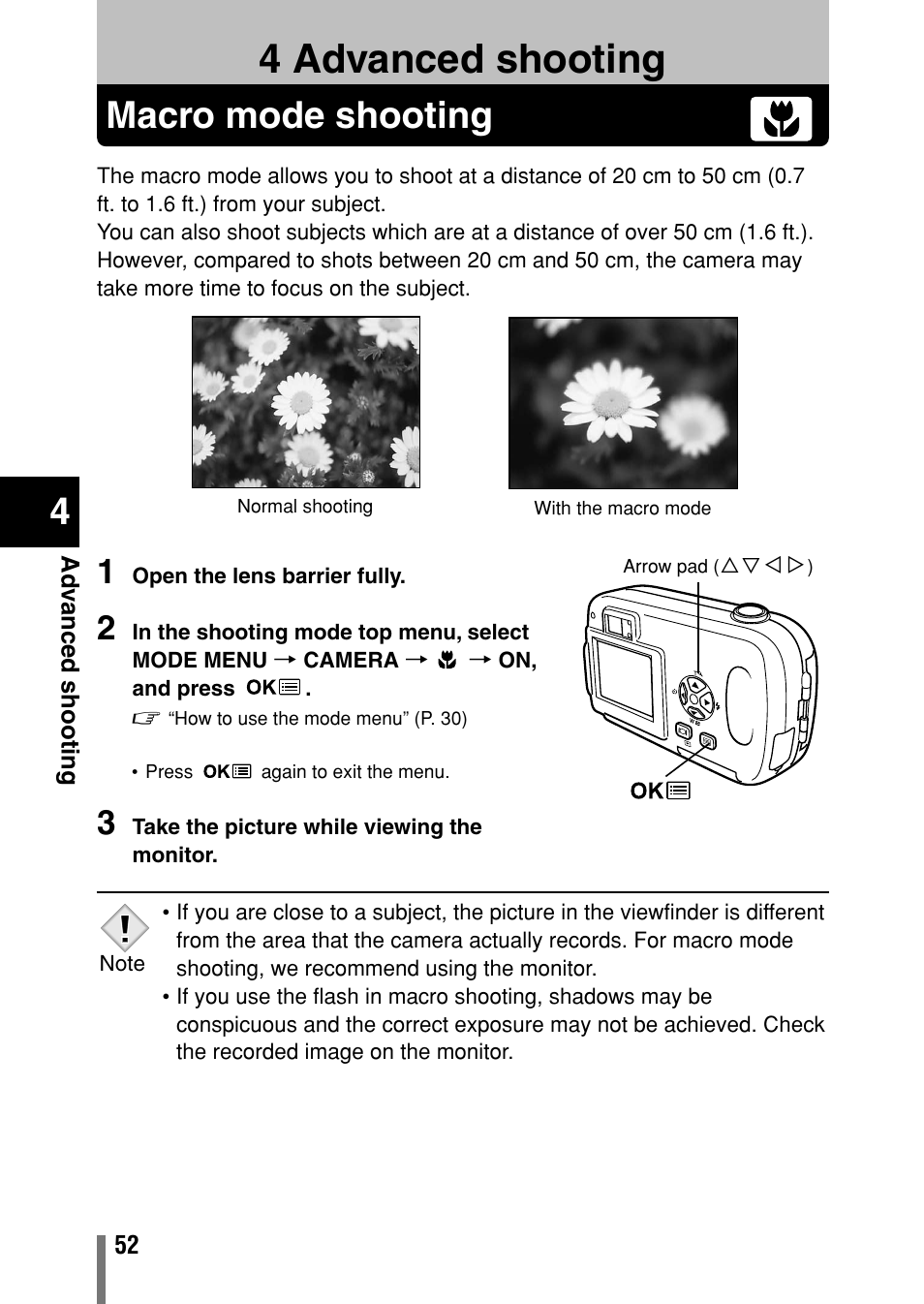 4 advanced shooting, Macro mode shooting, Advanced shooting | P. 52 | Olympus Comedia C-150 User Manual | Page 53 / 148