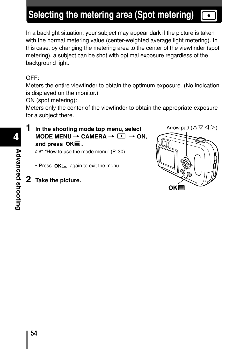 Selecting the metering area (spot metering) | Olympus Comedia C-150 User Manual | Page 55 / 148