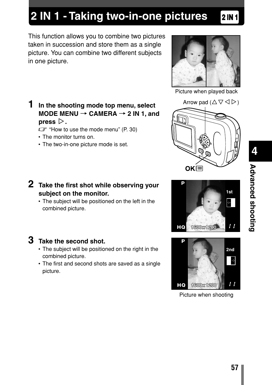 2 in 1 - taking two-in-one pictures, 2 in 1 | Olympus Comedia C-150 User Manual | Page 58 / 148