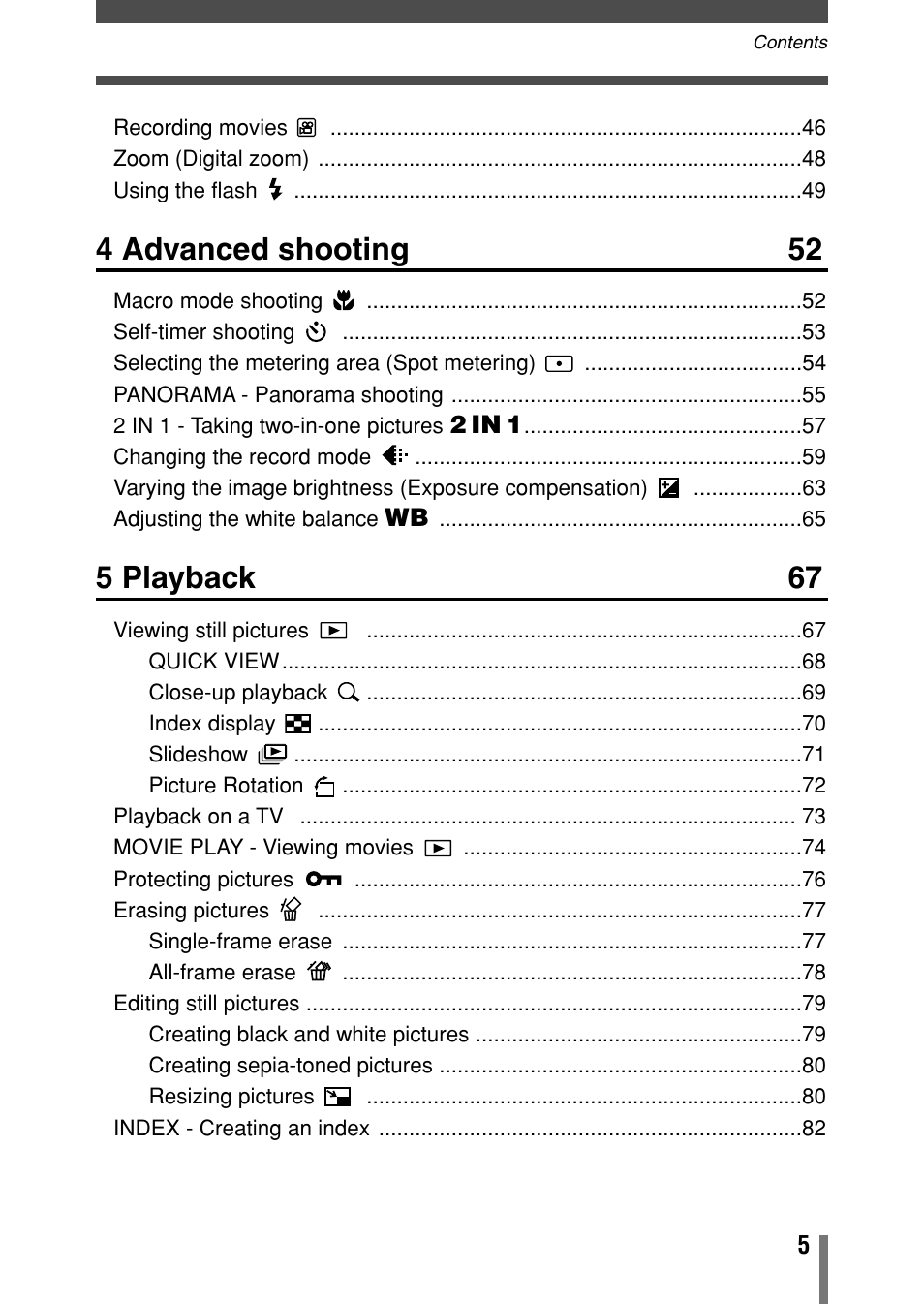 4 advanced shooting 52, 5 playback 67 | Olympus Comedia C-150 User Manual | Page 6 / 148