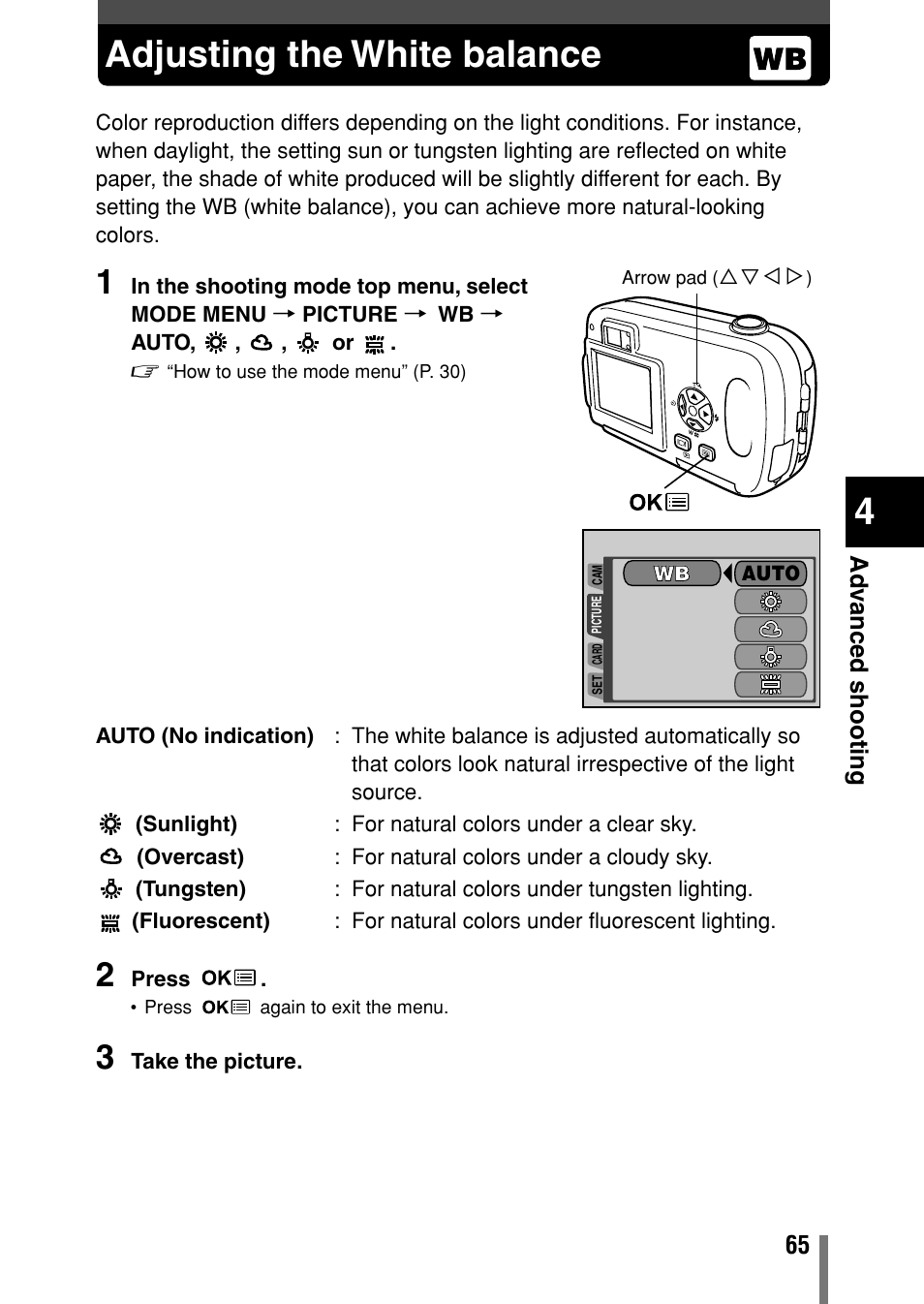 Adjusting the white balance | Olympus Comedia C-150 User Manual | Page 66 / 148