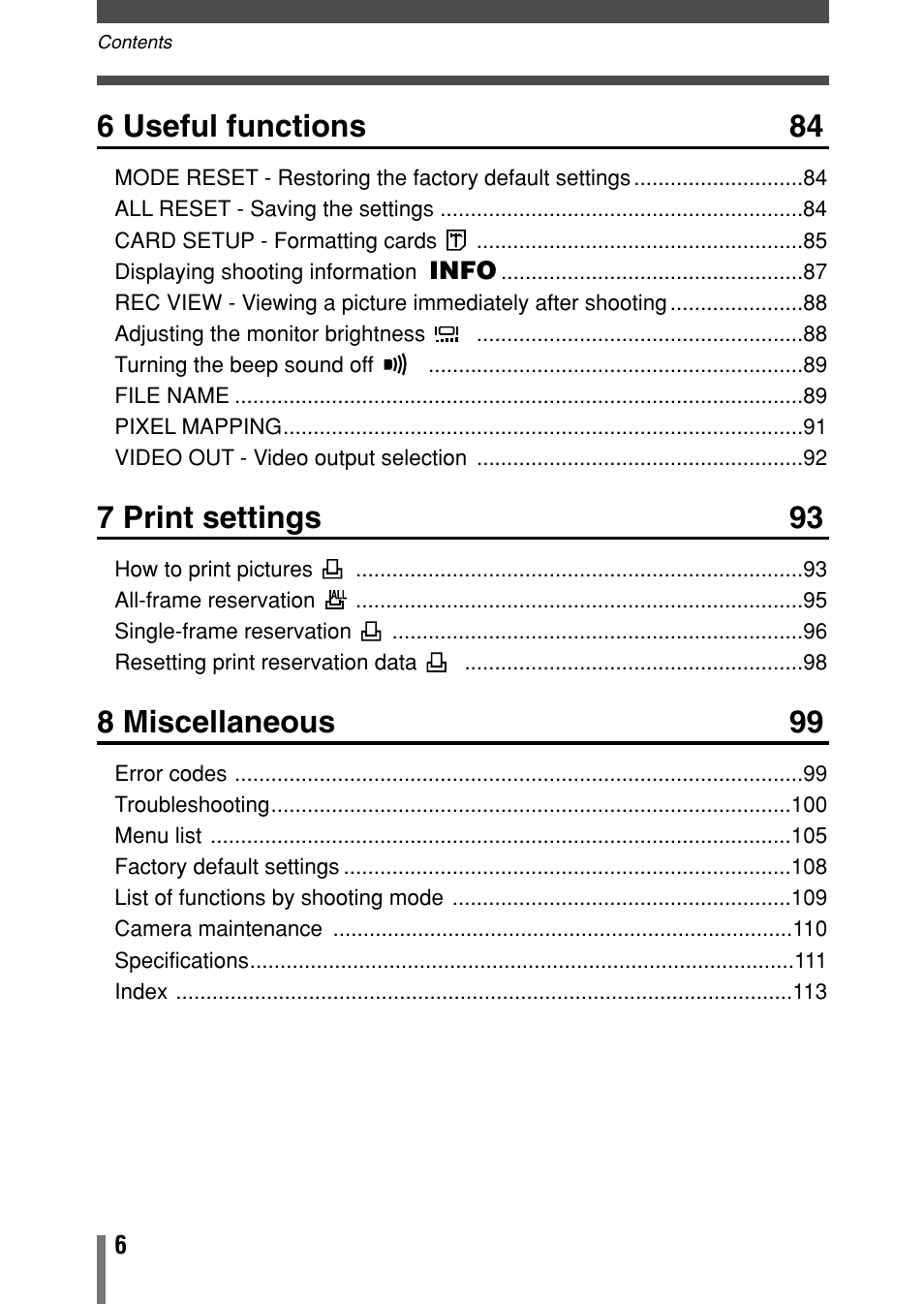 6 useful functions 84, 7 print settings 93, 8 miscellaneous 99 | Olympus Comedia C-150 User Manual | Page 7 / 148
