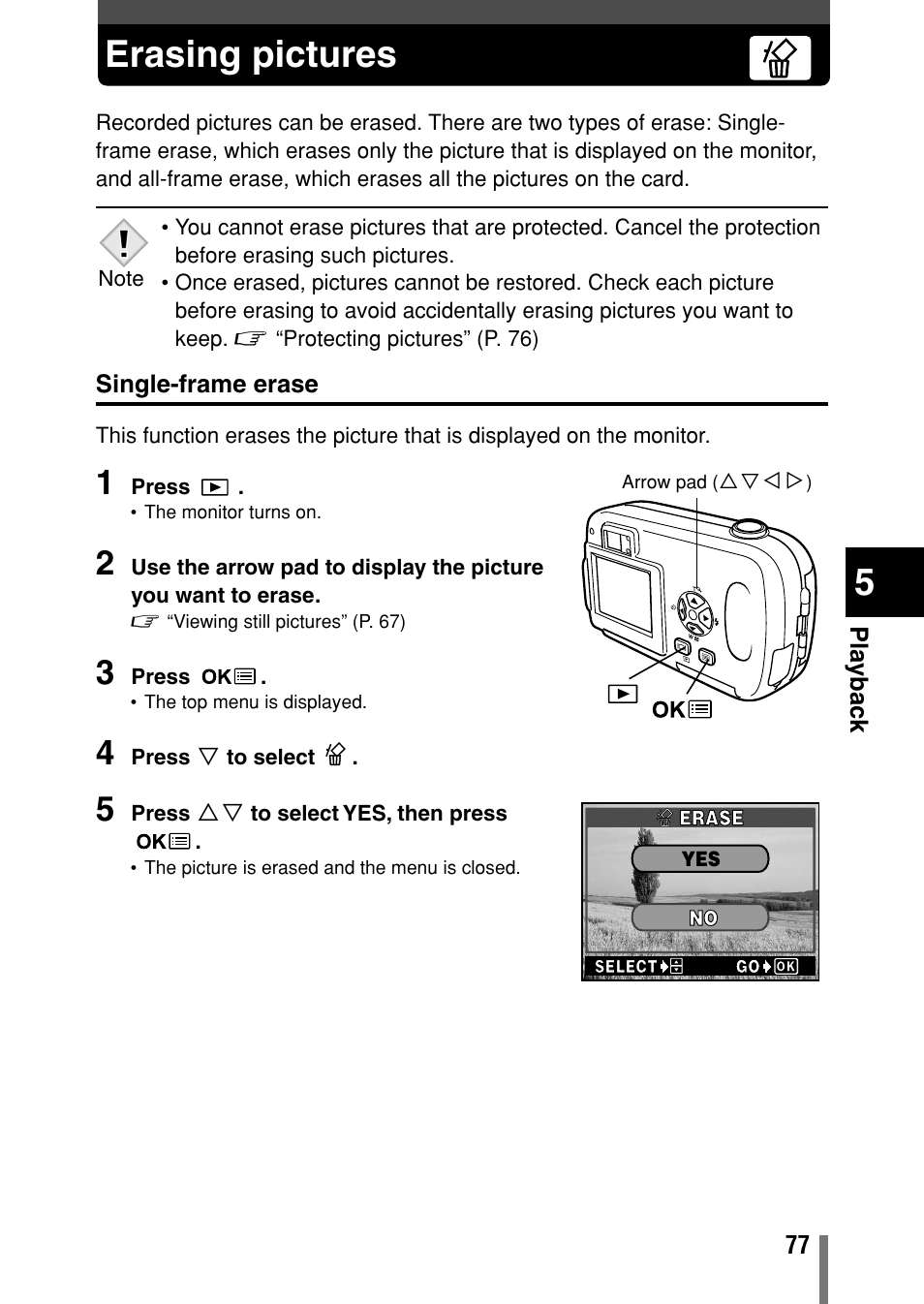 Erasing pictures, Single-frame erase | Olympus Comedia C-150 User Manual | Page 78 / 148