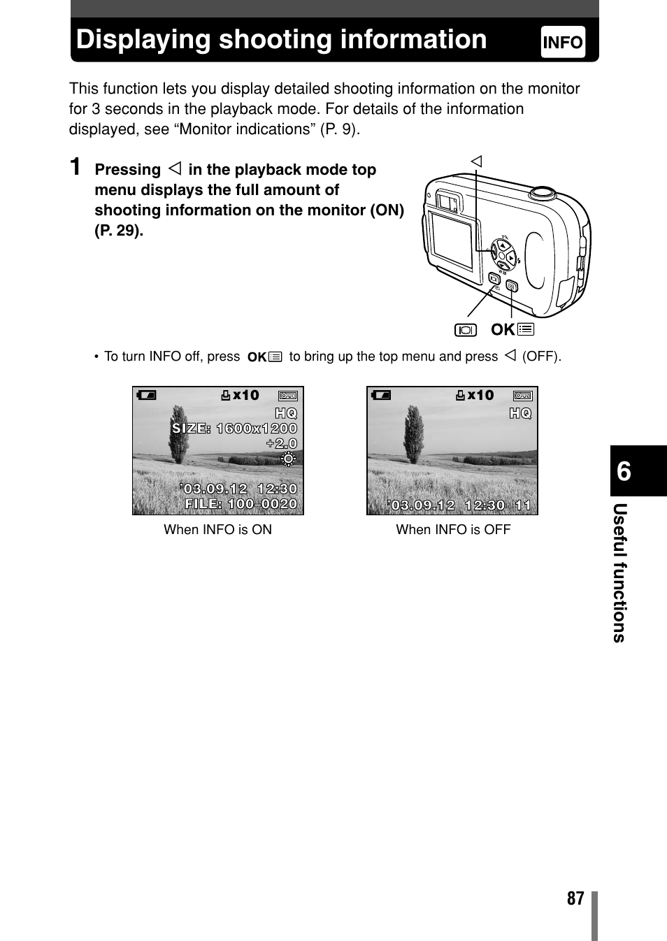 Displaying shooting information, Info | Olympus Comedia C-150 User Manual | Page 88 / 148