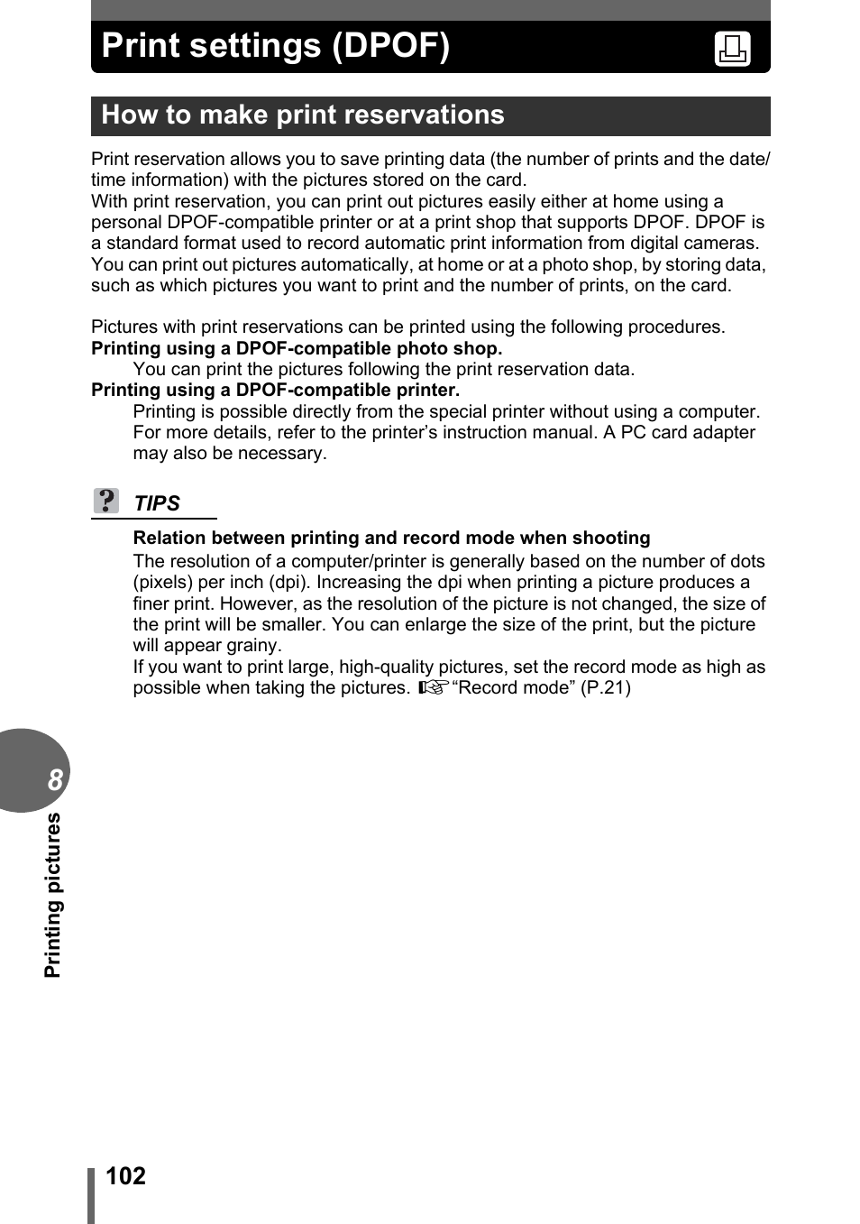 Print settings (dpof), How to make print reservations, P.102 | Olympus C-1 User Manual | Page 102 / 158