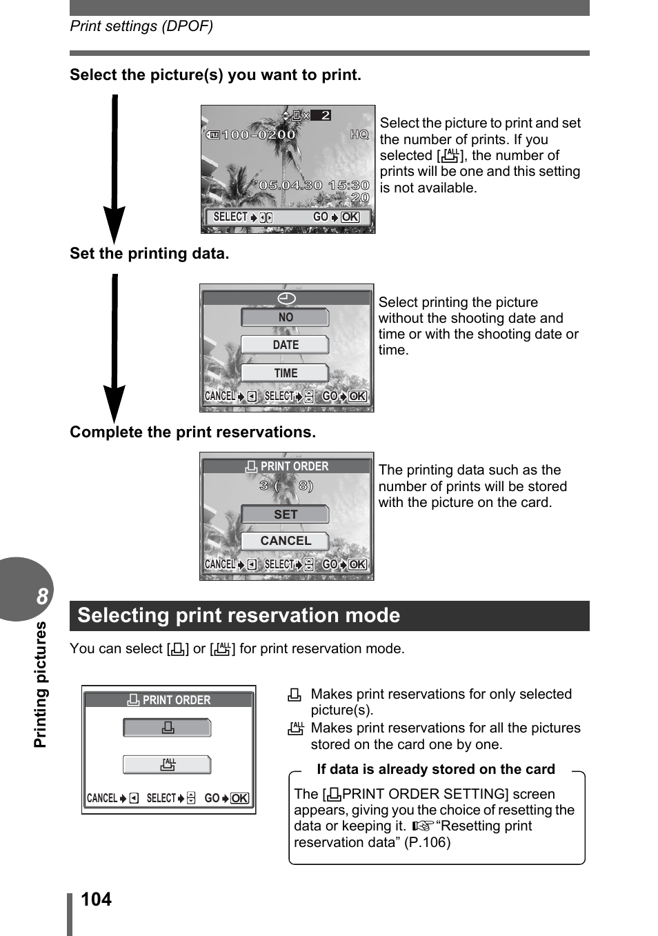 Selecting print reservation mode, Prin ti n g pi ct ur es | Olympus C-1 User Manual | Page 104 / 158