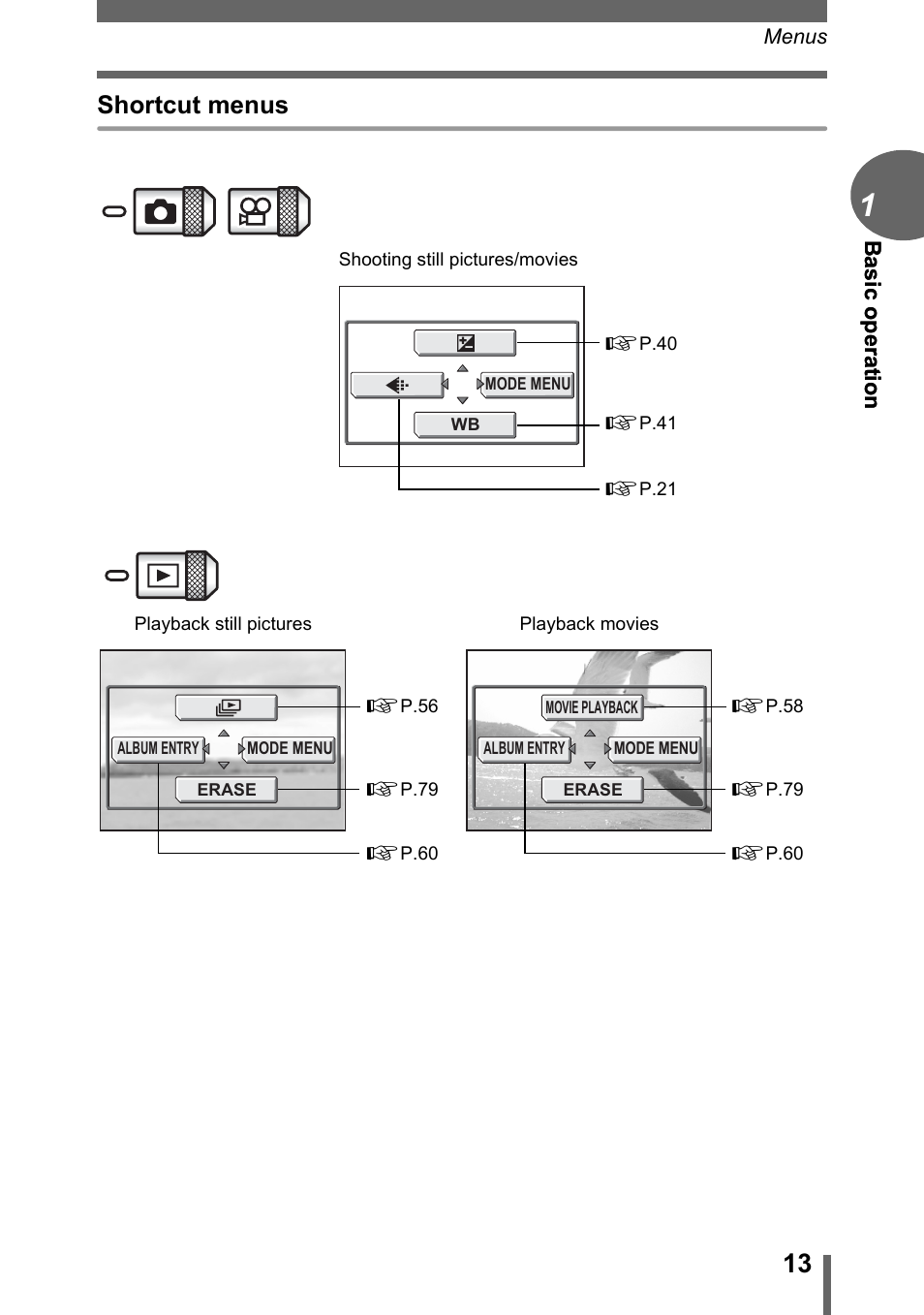 Shortcut menus | Olympus C-1 User Manual | Page 13 / 158
