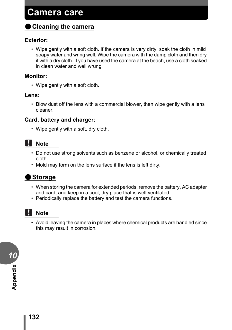Camera care, P.132 | Olympus C-1 User Manual | Page 132 / 158