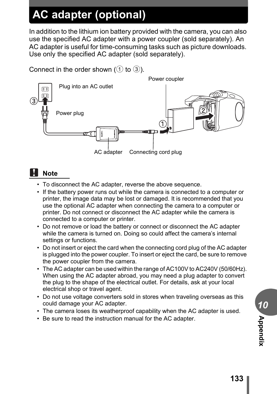 Ac adapter (optional) | Olympus C-1 User Manual | Page 133 / 158