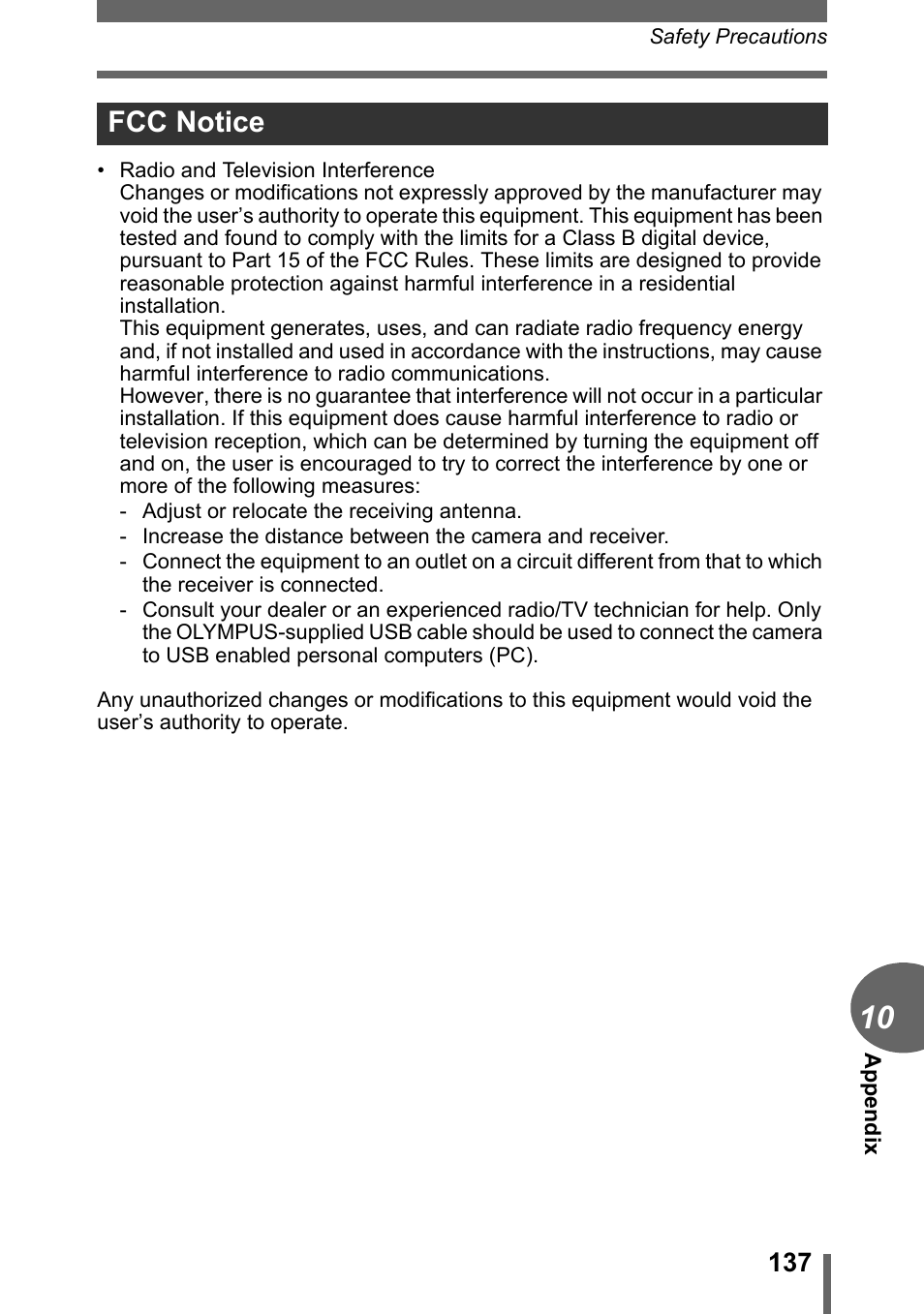 Fcc notice | Olympus C-1 User Manual | Page 137 / 158
