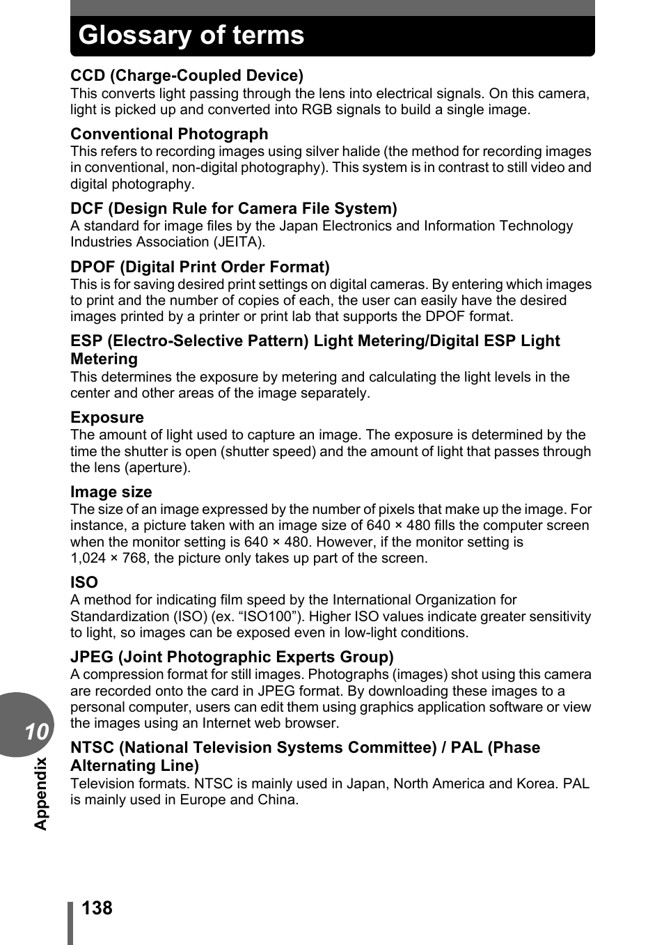 Glossary of terms | Olympus C-1 User Manual | Page 138 / 158