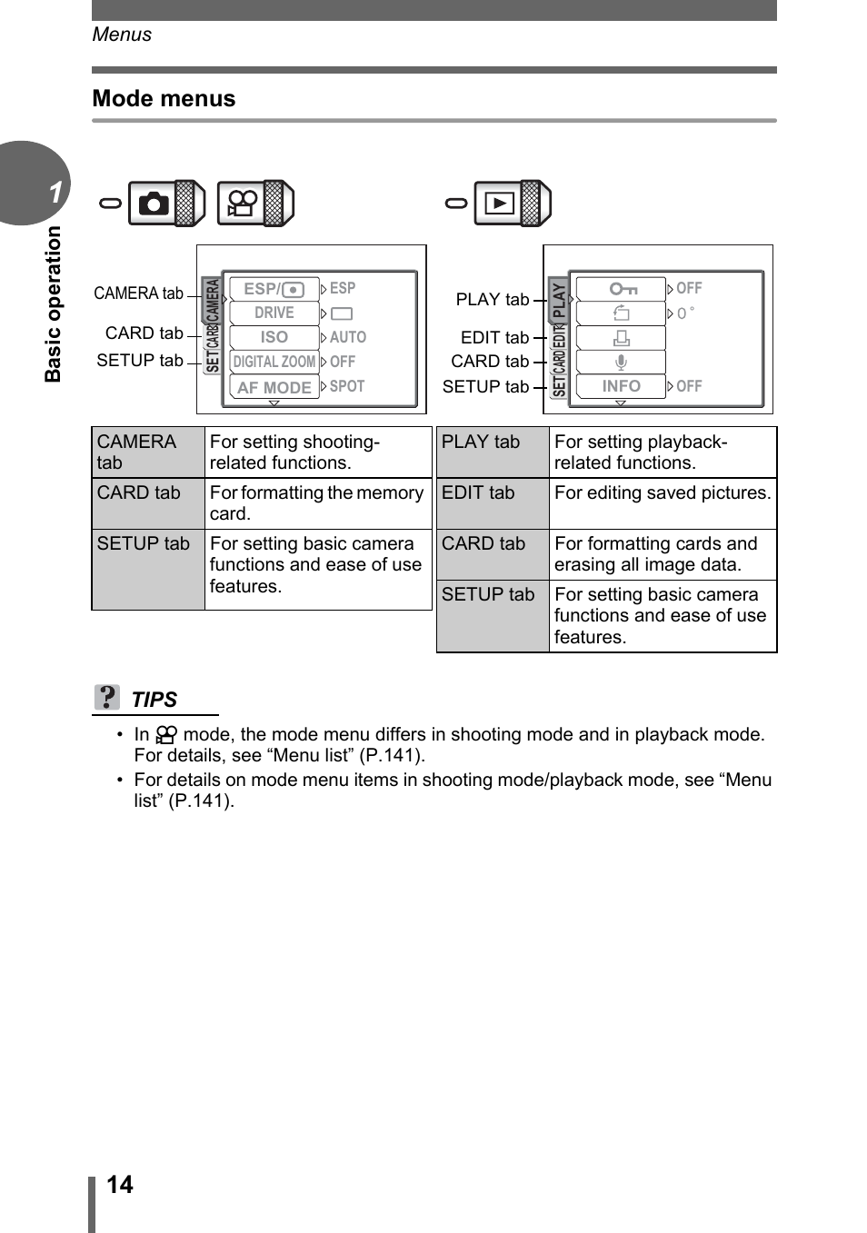 Mode menus | Olympus C-1 User Manual | Page 14 / 158