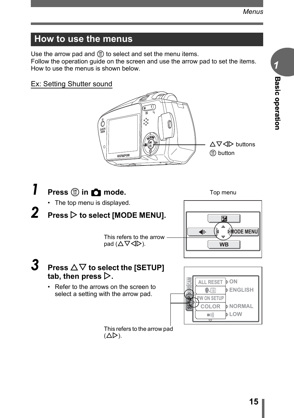 How to use the menus | Olympus C-1 User Manual | Page 15 / 158