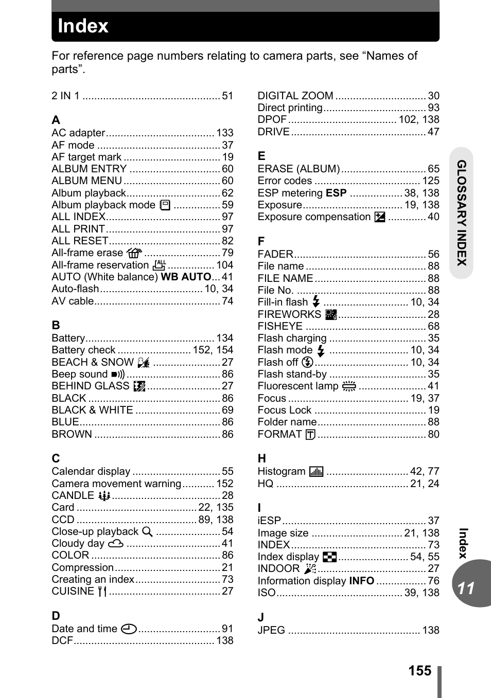 Index | Olympus C-1 User Manual | Page 155 / 158