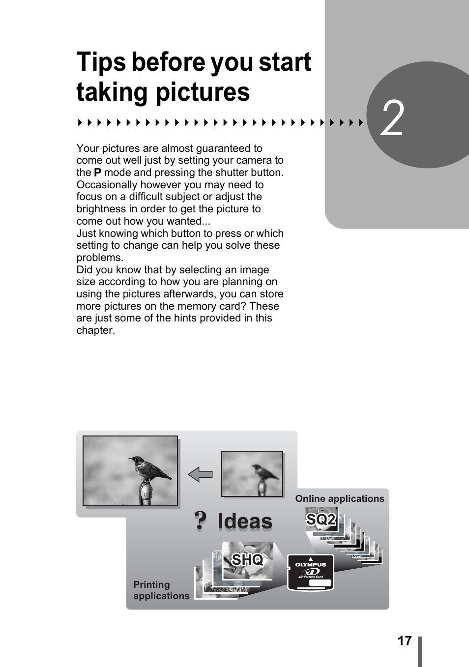 2 tips before you start taking pictures, Tips before you start, Taking pictures | P.17, Tips before you start taking pictures, Ideas | Olympus C-1 User Manual | Page 17 / 158