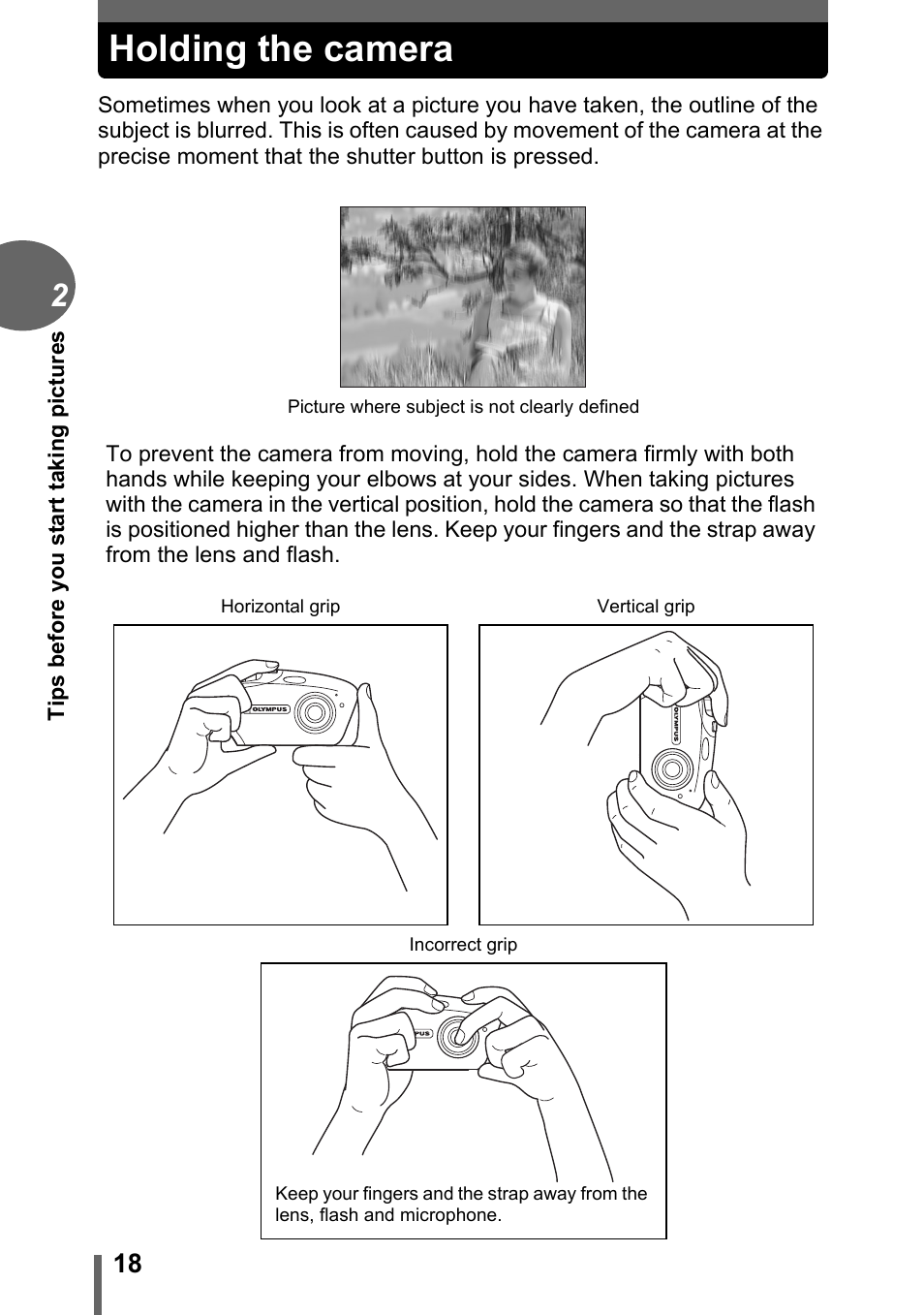 Holding the camera | Olympus C-1 User Manual | Page 18 / 158