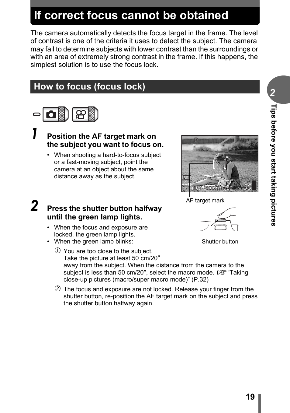 If correct focus cannot be obtained, How to focus (focus lock) | Olympus C-1 User Manual | Page 19 / 158
