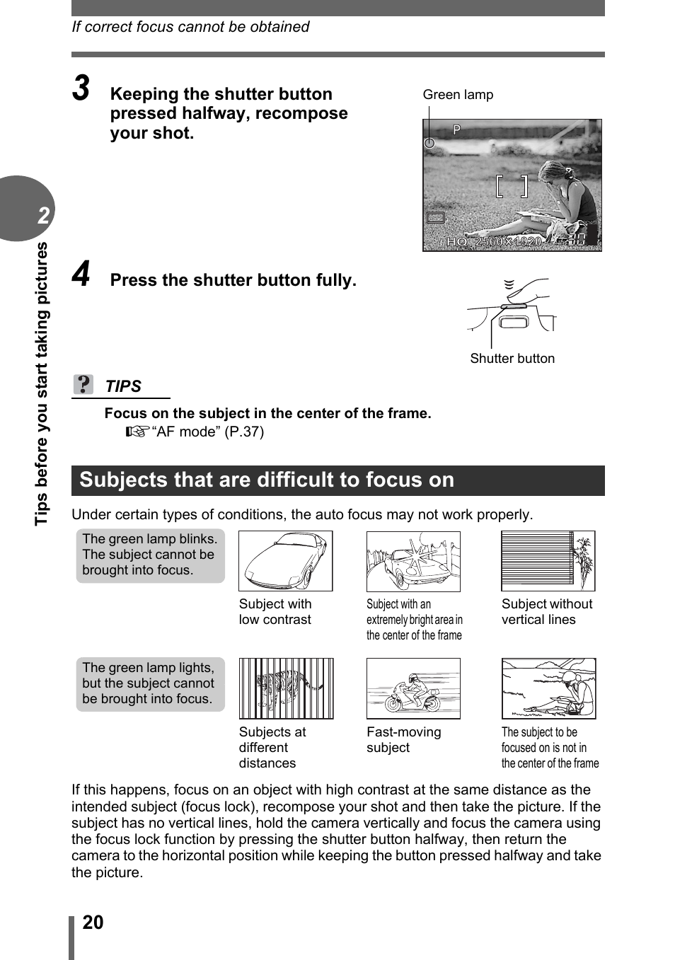 Subjects that are difficult to focus on | Olympus C-1 User Manual | Page 20 / 158