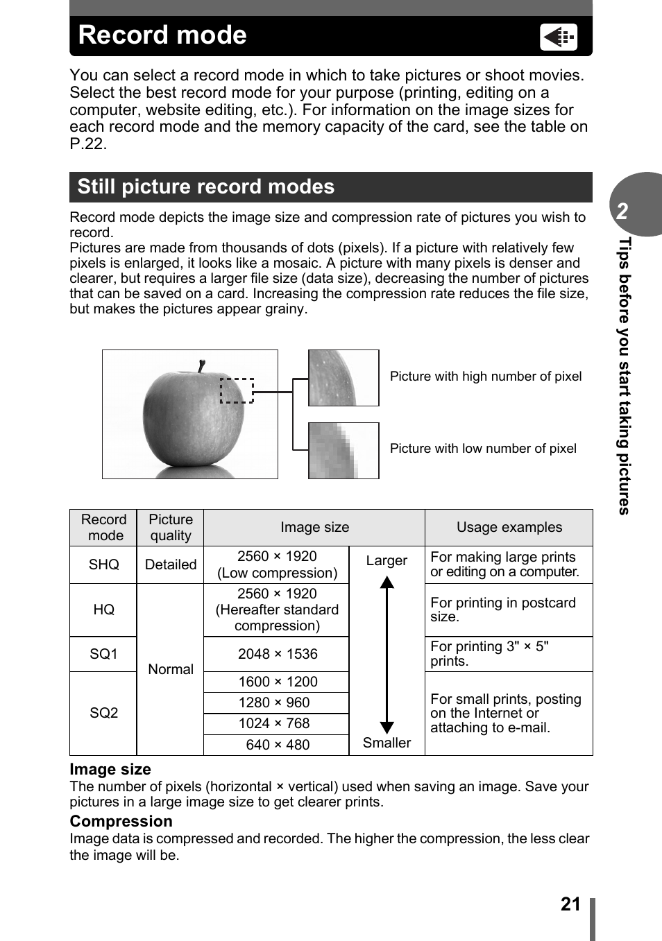 Record mode, Still picture record modes, P.21 | Olympus C-1 User Manual | Page 21 / 158