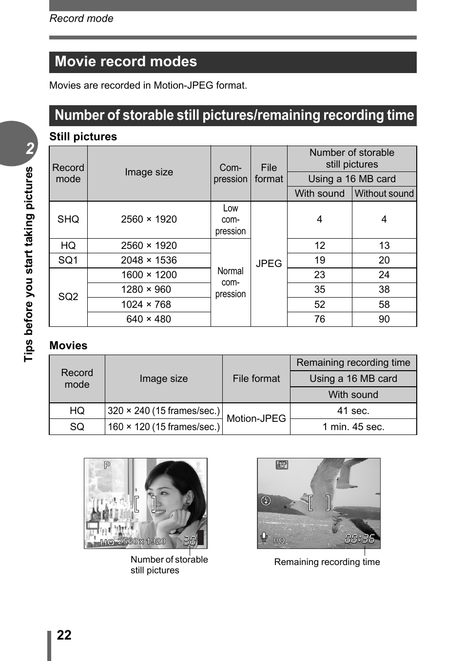 Movie record modes | Olympus C-1 User Manual | Page 22 / 158
