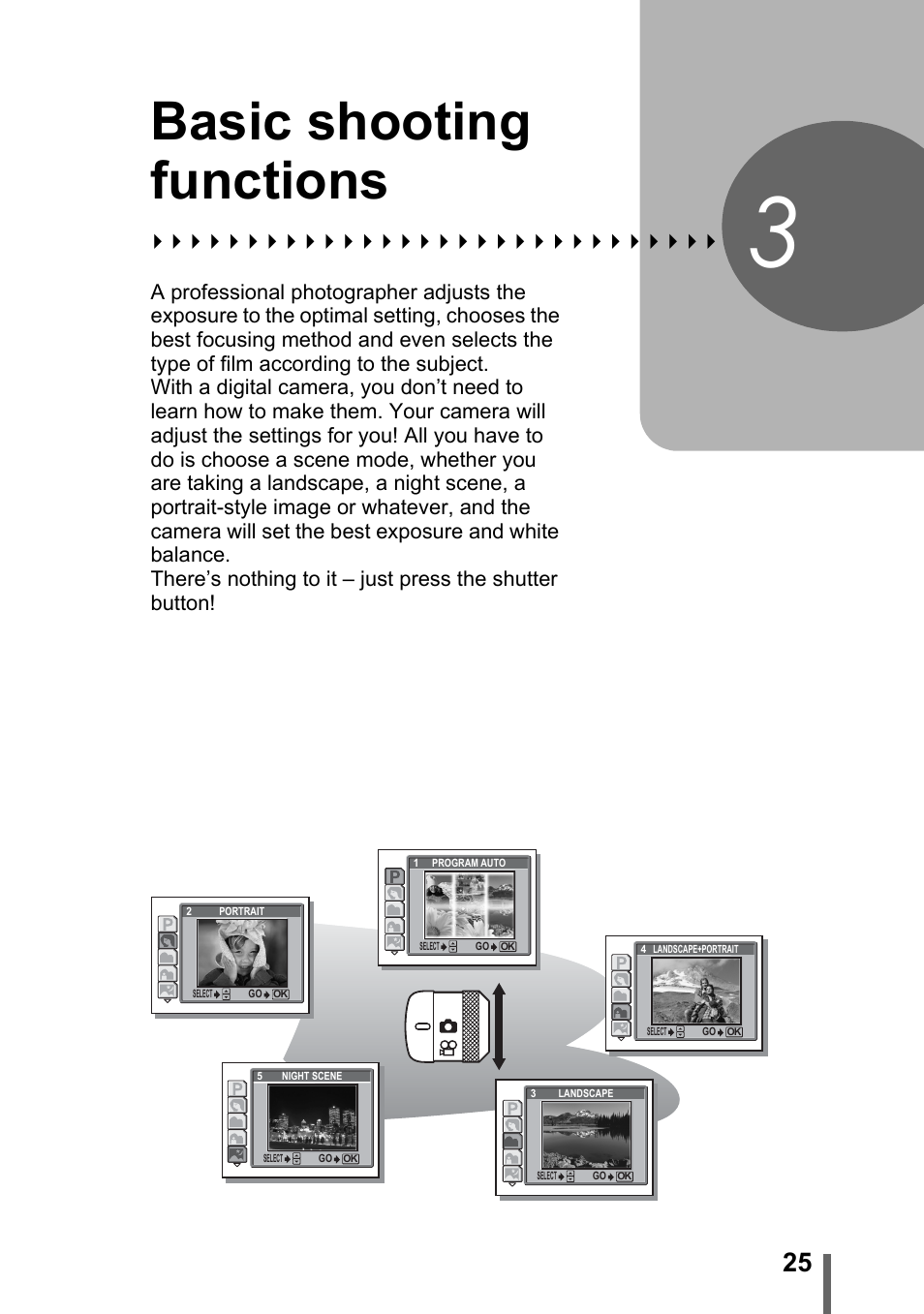 3 basic shooting functions, Basic shooting functions, P.25 | Olympus C-1 User Manual | Page 25 / 158