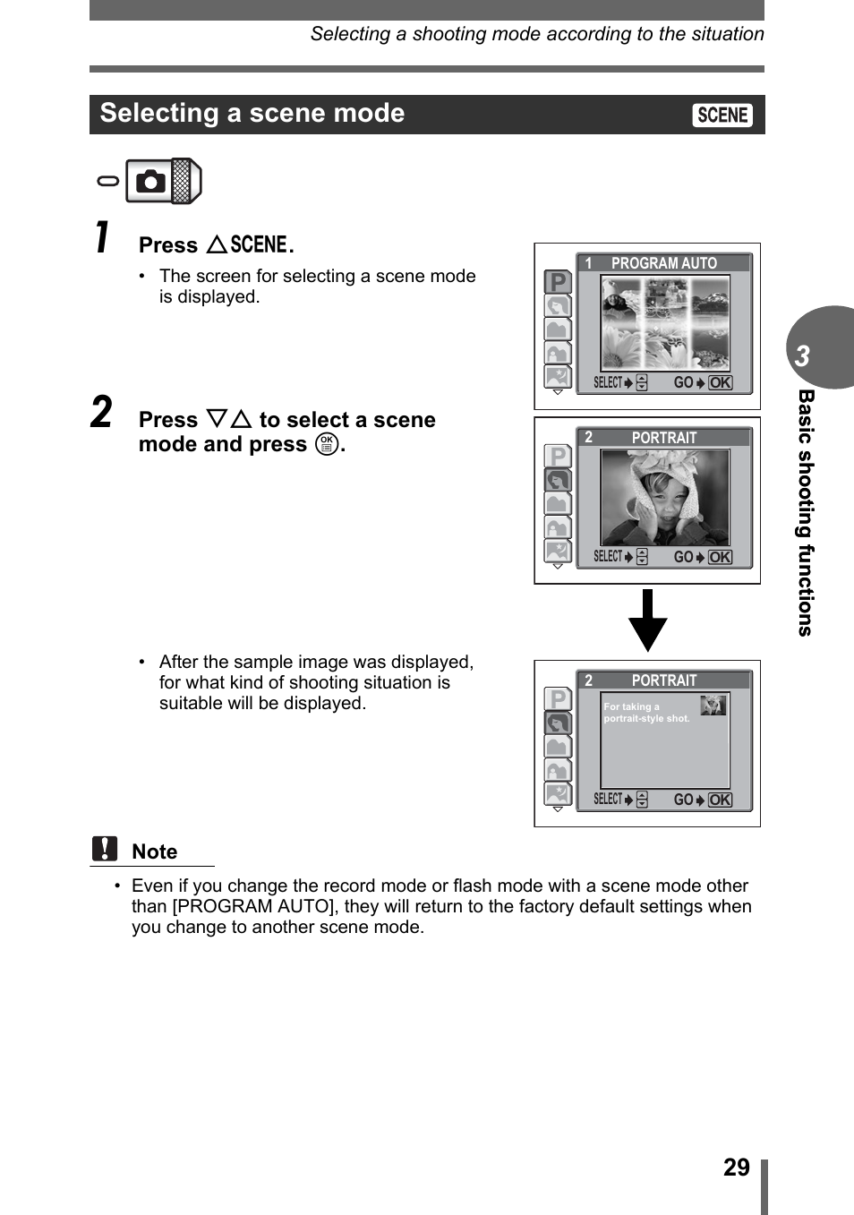 Selecting a scene mode | Olympus C-1 User Manual | Page 29 / 158
