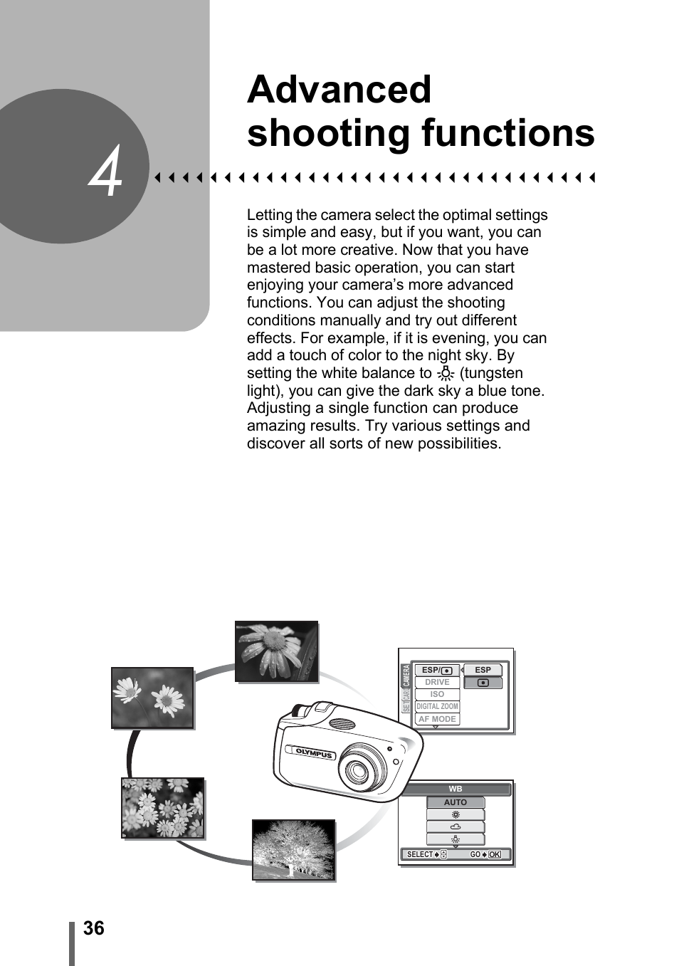 4 advanced shooting functions, Advanced shooting, Functions | P.36, Advanced shooting functions | Olympus C-1 User Manual | Page 36 / 158