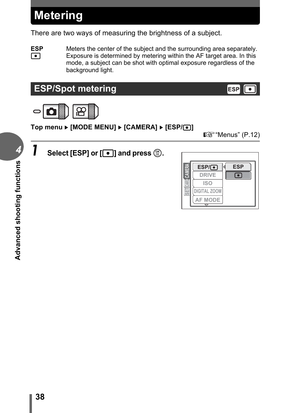Metering, Esp/spot metering | Olympus C-1 User Manual | Page 38 / 158